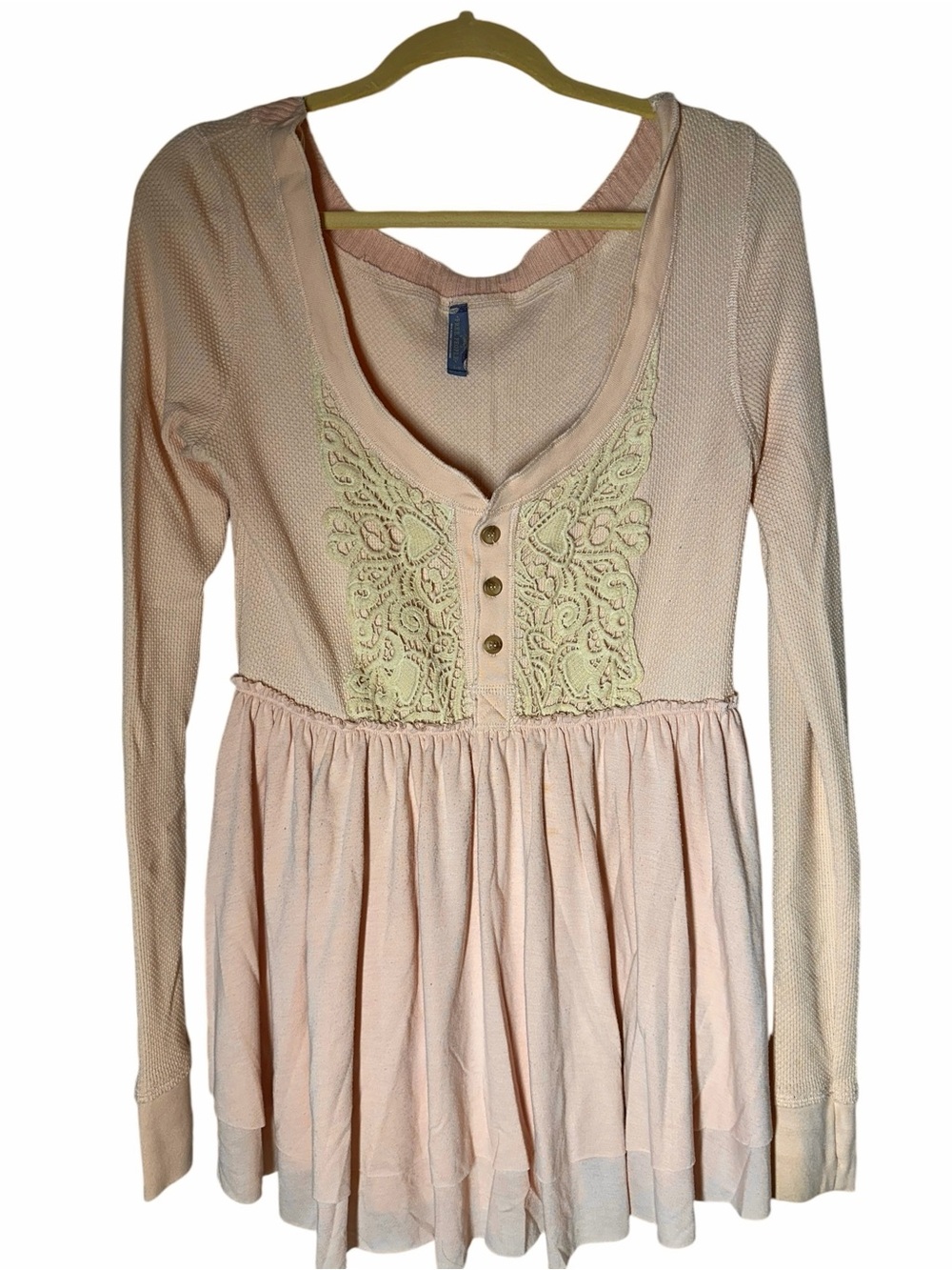 Free People Light Pink Crochet Lace Trim Henley Babydoll Top